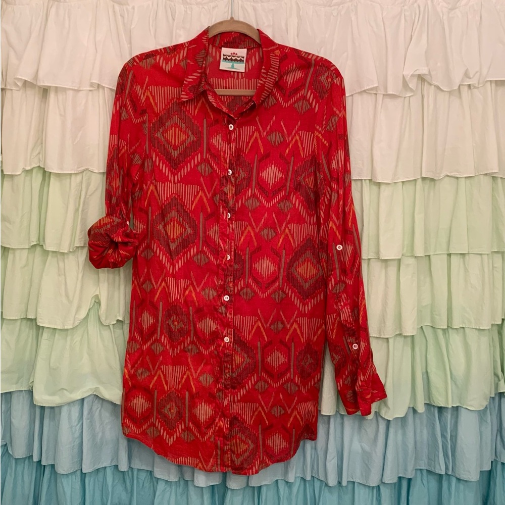 Red Ikat Print Button Up Tunic Top